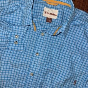 Simms Stone Cold Shirt Men's Medium Long Sleeve Button Up Vented Blue Plaid